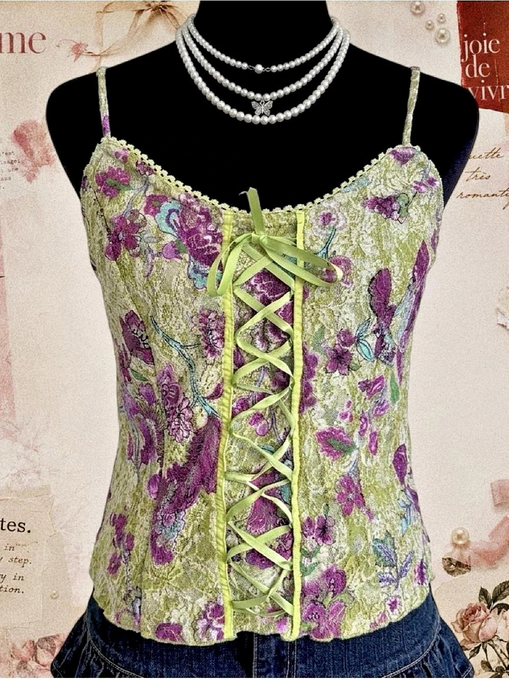 Vintage Iz Byer Y2K Green Floral Lace Lace-Up Cami Top XL